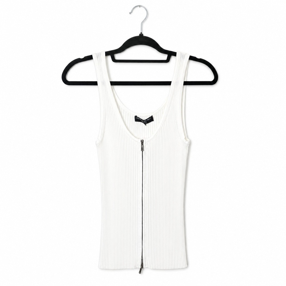 Central Park West Tank Top Women Small White Ribbed Full Zip Front‎ Sleeveless